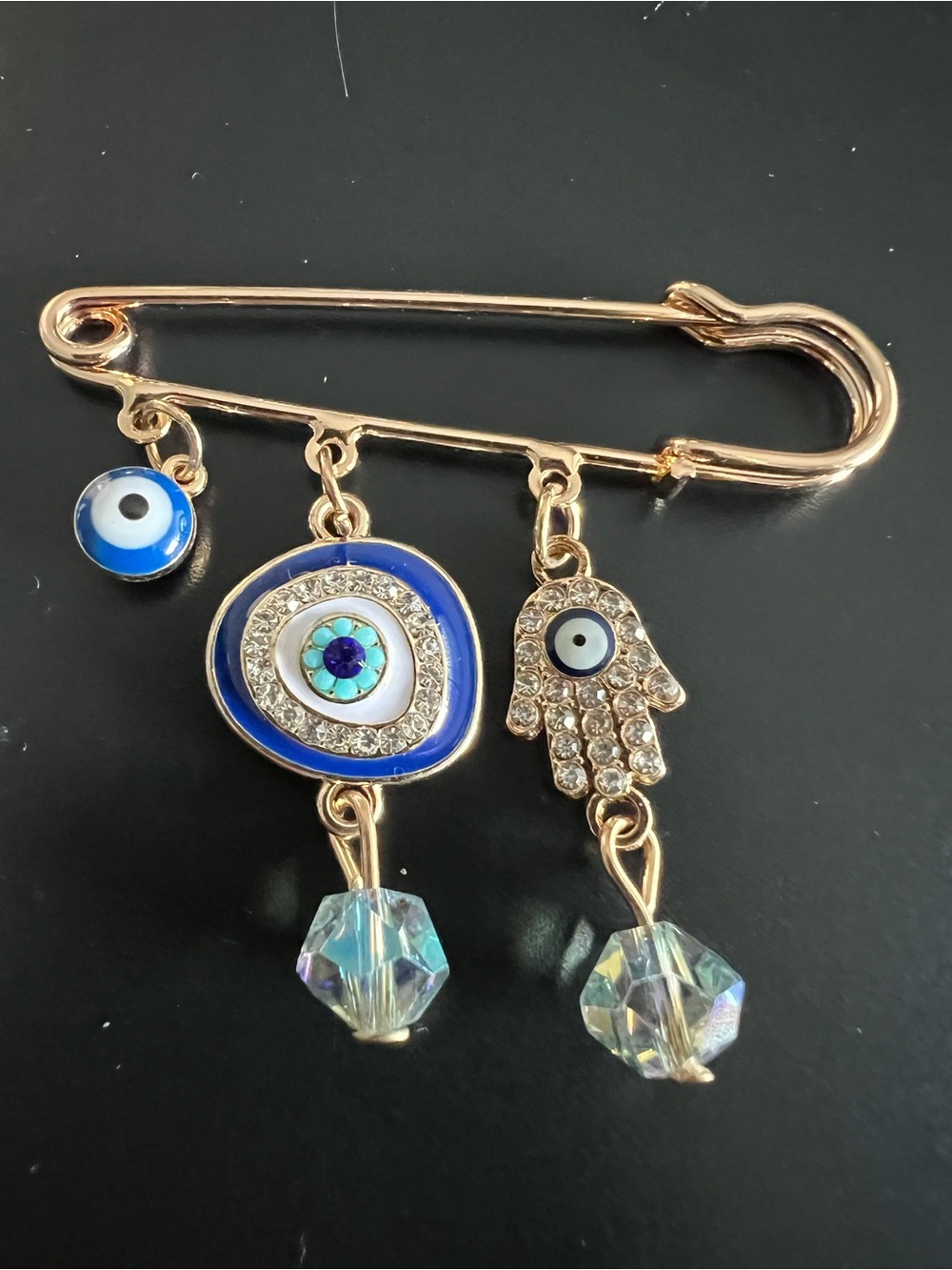 Gold-Tone Blue Evil Eye & Hamsa Safety Pin Brooch
